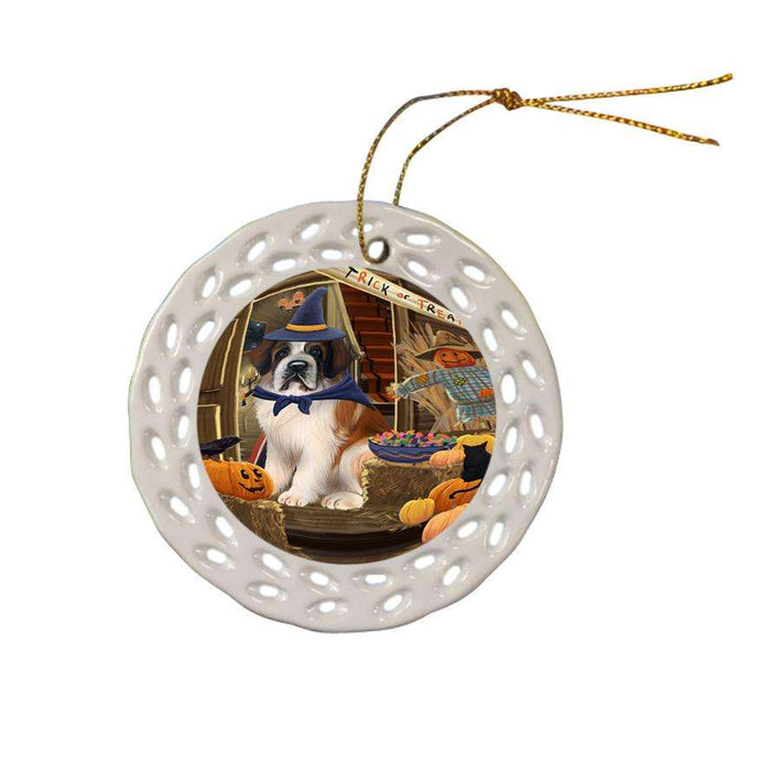 Enter at Own Risk Trick or Treat Halloween Saint Bernard Dog Ceramic Doily Ornament DPOR53254