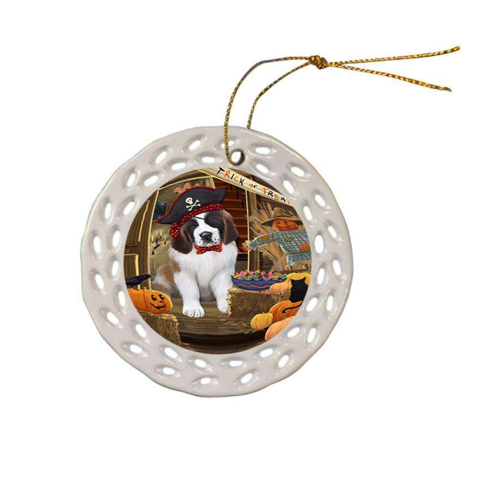 Enter at Own Risk Trick or Treat Halloween Saint Bernard Dog Ceramic Doily Ornament DPOR53256