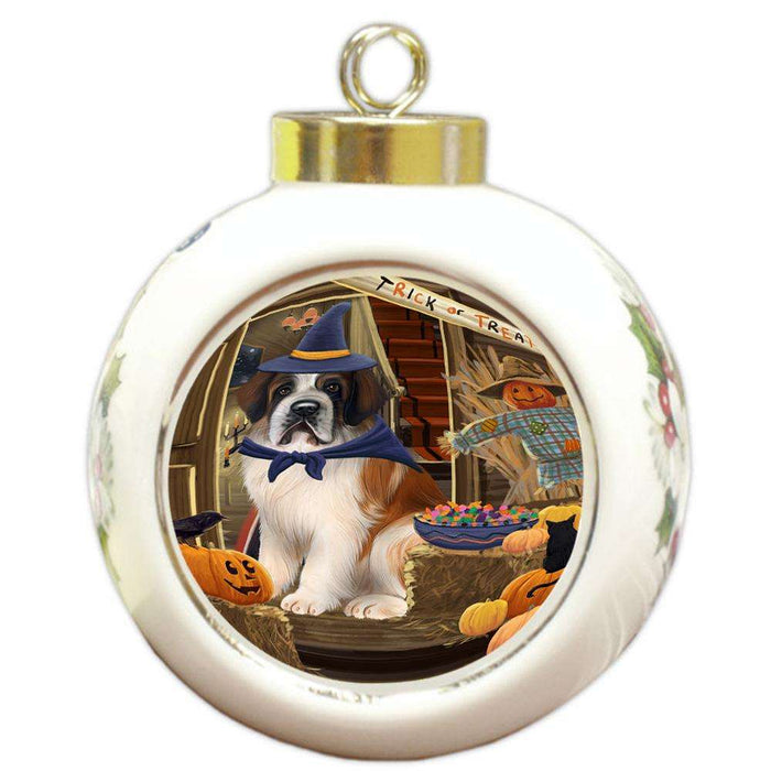 Enter at Own Risk Trick or Treat Halloween Saint Bernard Dog Round Ball Christmas Ornament RBPOR53254