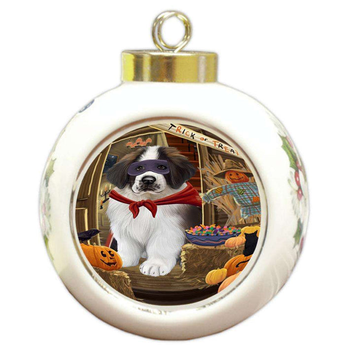 Enter at Own Risk Trick or Treat Halloween Saint Bernard Dog Round Ball Christmas Ornament RBPOR53255