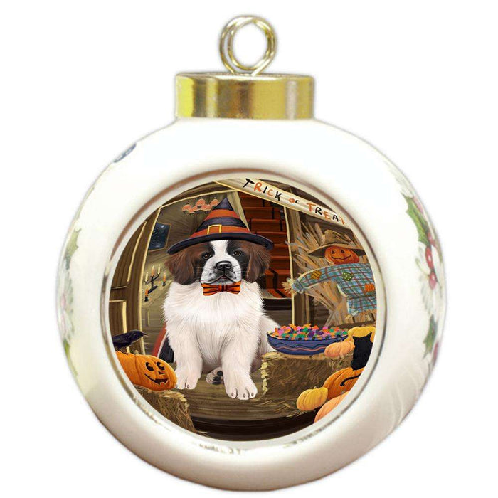 Enter at Own Risk Trick or Treat Halloween Saint Bernard Dog Round Ball Christmas Ornament RBPOR53258