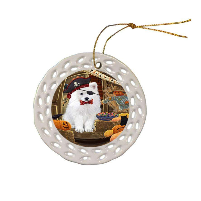 Enter at Own Risk Trick or Treat Halloween Samoyed Dog Ceramic Doily Ornament DPOR53261