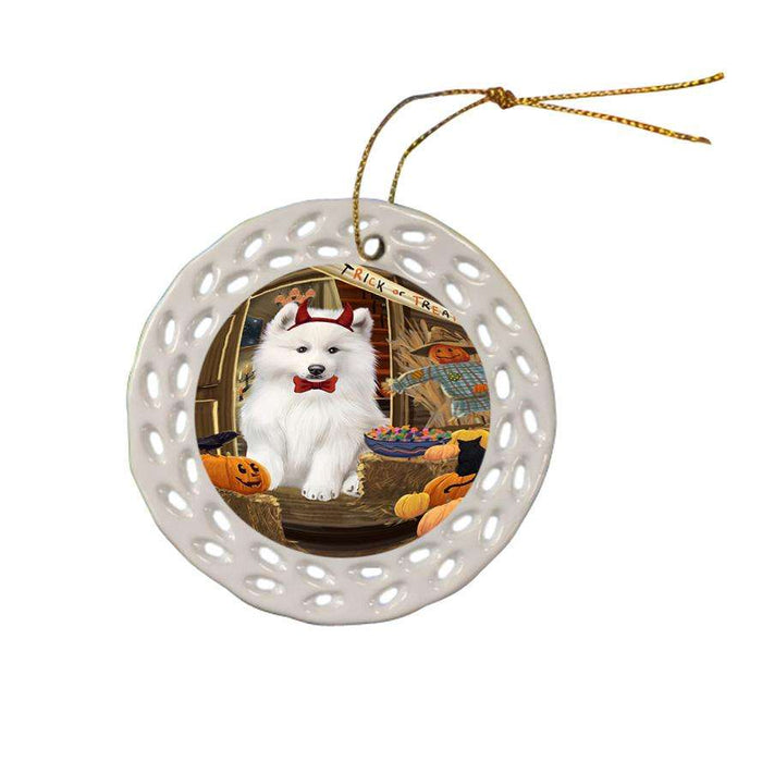Enter at Own Risk Trick or Treat Halloween Samoyed Dog Ceramic Doily Ornament DPOR53262