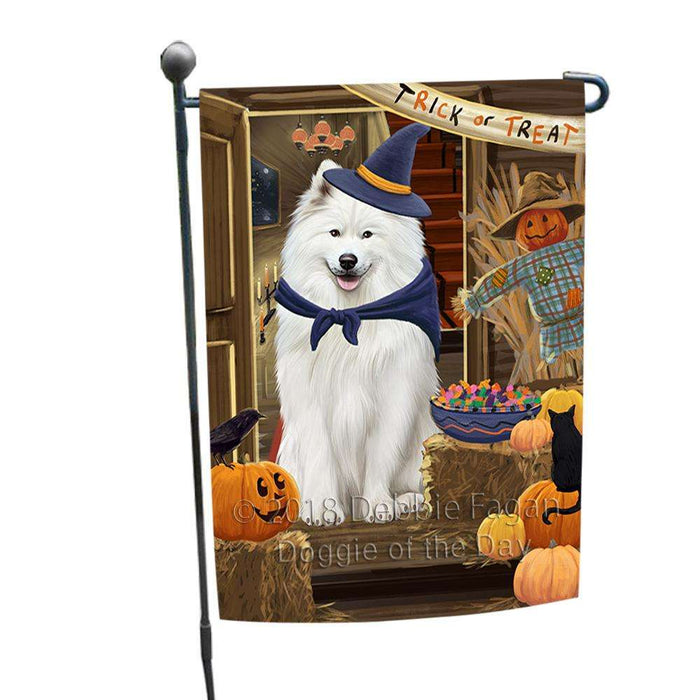 Enter at Own Risk Trick or Treat Halloween Samoyed Dog Garden Flag GFLG53321