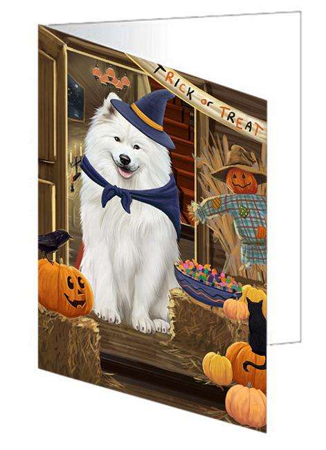 Enter at Own Risk Trick or Treat Halloween Samoyed Dog Handmade Artwork Assorted Pets Greeting Cards and Note Cards with Envelopes for All Occasions and Holiday Seasons GCD63806