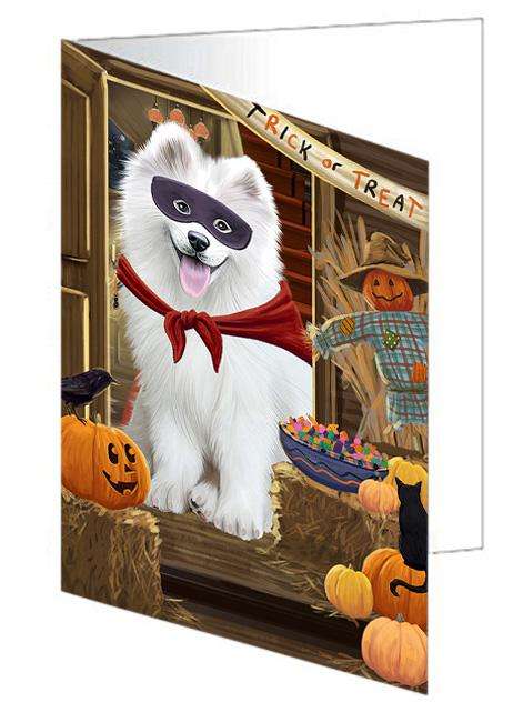 Enter at Own Risk Trick or Treat Halloween Samoyed Dog Handmade Artwork Assorted Pets Greeting Cards and Note Cards with Envelopes for All Occasions and Holiday Seasons GCD63809