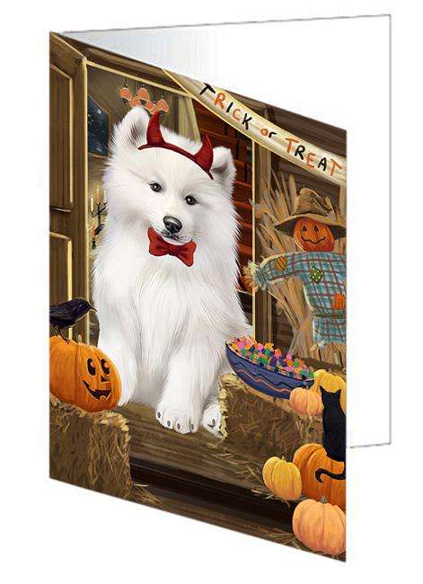 Enter at Own Risk Trick or Treat Halloween Samoyed Dog Handmade Artwork Assorted Pets Greeting Cards and Note Cards with Envelopes for All Occasions and Holiday Seasons GCD63815