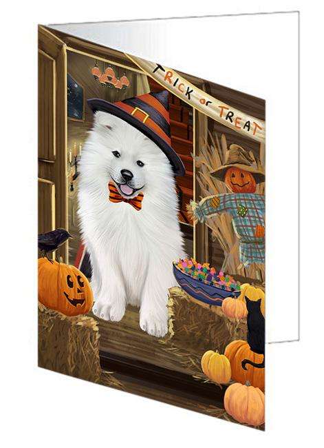 Enter at Own Risk Trick or Treat Halloween Samoyed Dog Handmade Artwork Assorted Pets Greeting Cards and Note Cards with Envelopes for All Occasions and Holiday Seasons GCD63818