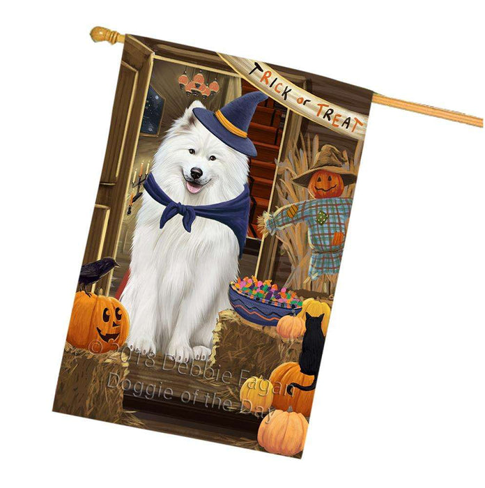 Enter at Own Risk Trick or Treat Halloween Samoyed Dog House Flag FLG53457