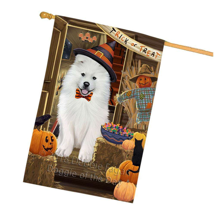 Enter at Own Risk Trick or Treat Halloween Samoyed Dog House Flag FLG53461