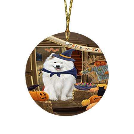Enter at Own Risk Trick or Treat Halloween Samoyed Dog Round Flat Christmas Ornament RFPOR53250