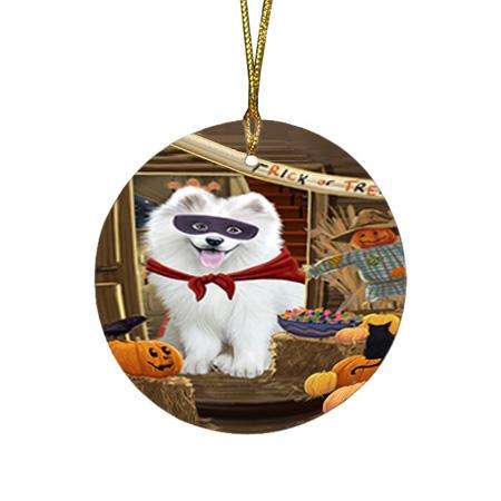 Enter at Own Risk Trick or Treat Halloween Samoyed Dog Round Flat Christmas Ornament RFPOR53251