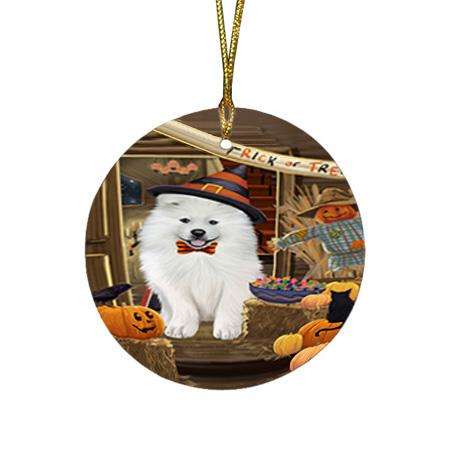 Enter at Own Risk Trick or Treat Halloween Samoyed Dog Round Flat Christmas Ornament RFPOR53254