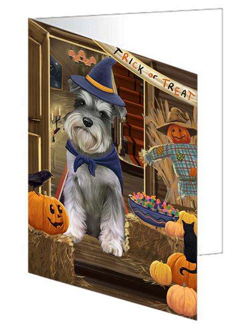Enter at Own Risk Trick or Treat Halloween Schnauzer Dog Handmade Artwork Assorted Pets Greeting Cards and Note Cards with Envelopes for All Occasions and Holiday Seasons GCD63821