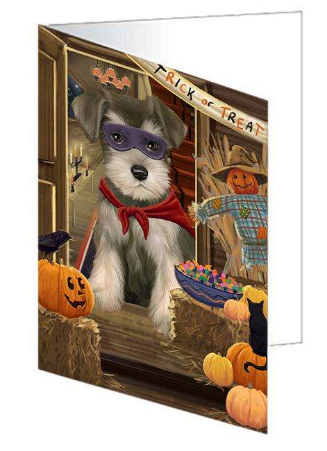 Enter at Own Risk Trick or Treat Halloween Schnauzer Dog Handmade Artwork Assorted Pets Greeting Cards and Note Cards with Envelopes for All Occasions and Holiday Seasons GCD63824