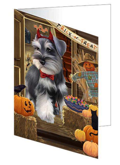 Enter at Own Risk Trick or Treat Halloween Schnauzer Dog Handmade Artwork Assorted Pets Greeting Cards and Note Cards with Envelopes for All Occasions and Holiday Seasons GCD63830