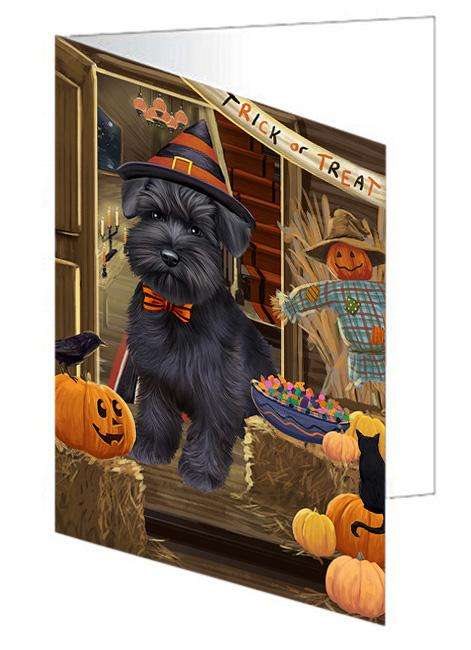 Enter at Own Risk Trick or Treat Halloween Schnauzer Dog Handmade Artwork Assorted Pets Greeting Cards and Note Cards with Envelopes for All Occasions and Holiday Seasons GCD63833