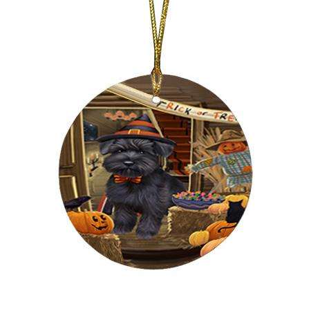 Enter at Own Risk Trick or Treat Halloween Schnauzer Dog Round Flat Christmas Ornament RFPOR53259
