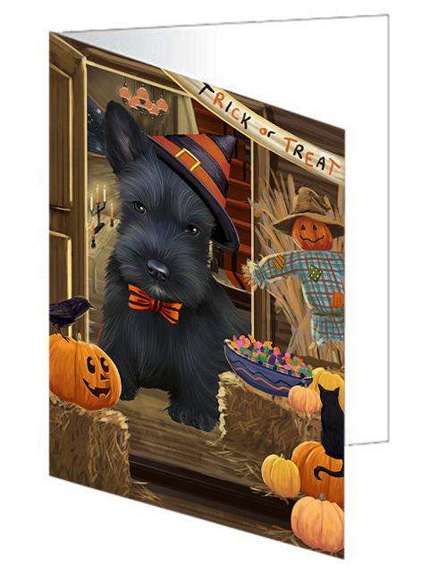 Enter at Own Risk Trick or Treat Halloween Scottish Terrier Dog Handmade Artwork Assorted Pets Greeting Cards and Note Cards with Envelopes for All Occasions and Holiday Seasons GCD63848