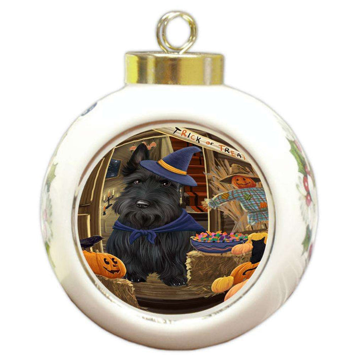 Enter at Own Risk Trick or Treat Halloween Scottish Terrier Dog Round Ball Christmas Ornament RBPOR53269