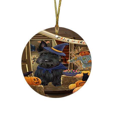 Enter at Own Risk Trick or Treat Halloween Scottish Terrier Dog Round Flat Christmas Ornament RFPOR53260