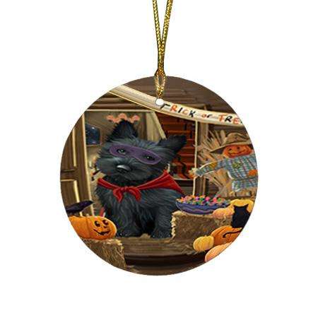 Enter at Own Risk Trick or Treat Halloween Scottish Terrier Dog Round Flat Christmas Ornament RFPOR53261