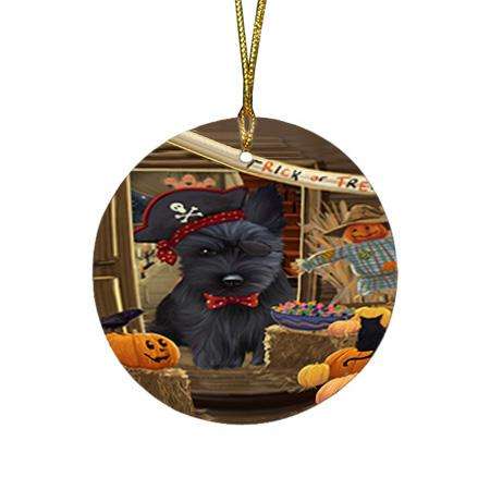 Enter at Own Risk Trick or Treat Halloween Scottish Terrier Dog Round Flat Christmas Ornament RFPOR53262