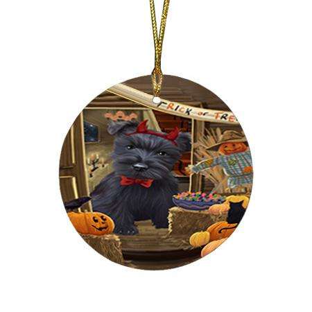 Enter at Own Risk Trick or Treat Halloween Scottish Terrier Dog Round Flat Christmas Ornament RFPOR53263