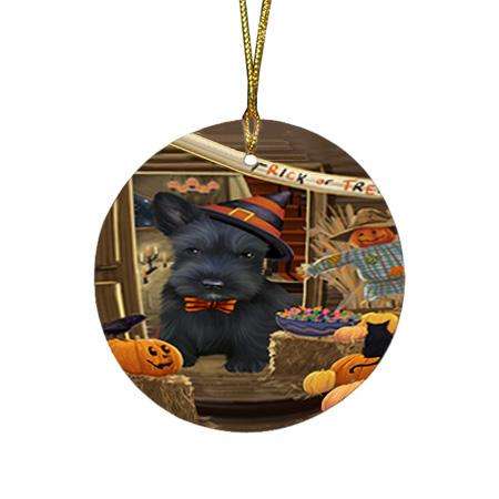 Enter at Own Risk Trick or Treat Halloween Scottish Terrier Dog Round Flat Christmas Ornament RFPOR53264