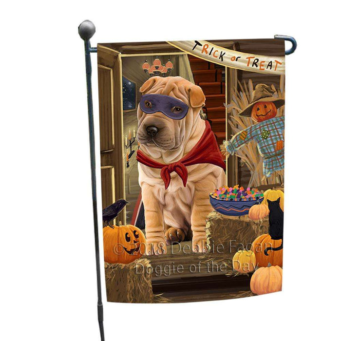 Enter at Own Risk Trick or Treat Halloween Shar Pei Dog Garden Flag GFLG53337