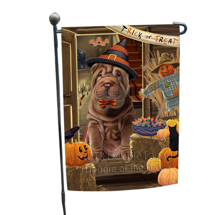 Enter at Own Risk Trick or Treat Halloween Shar Pei Dog Garden Flag GFLG53340