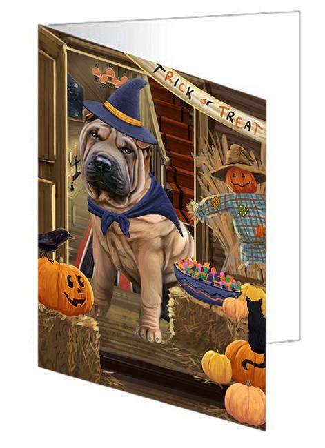 Enter at Own Risk Trick or Treat Halloween Shar Pei Dog Handmade Artwork Assorted Pets Greeting Cards and Note Cards with Envelopes for All Occasions and Holiday Seasons GCD63851