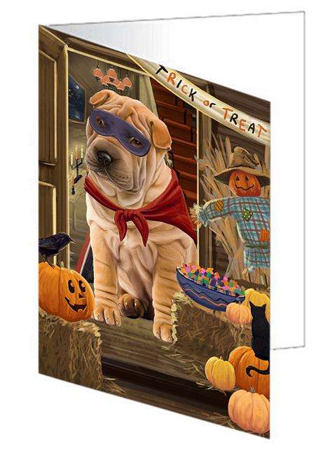 Enter at Own Risk Trick or Treat Halloween Shar Pei Dog Handmade Artwork Assorted Pets Greeting Cards and Note Cards with Envelopes for All Occasions and Holiday Seasons GCD63854