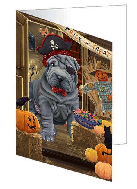 Enter at Own Risk Trick or Treat Halloween Shar Pei Dog Handmade Artwork Assorted Pets Greeting Cards and Note Cards with Envelopes for All Occasions and Holiday Seasons GCD63857