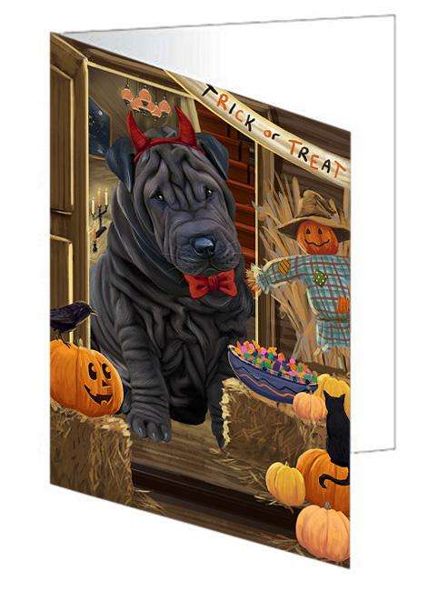 Enter at Own Risk Trick or Treat Halloween Shar Pei Dog Handmade Artwork Assorted Pets Greeting Cards and Note Cards with Envelopes for All Occasions and Holiday Seasons GCD63860