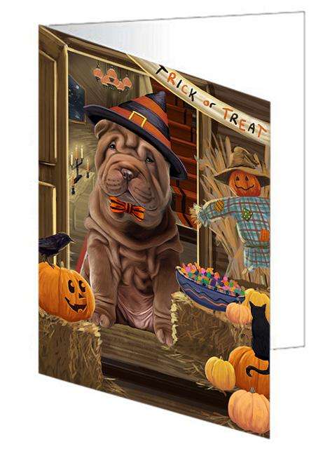 Enter at Own Risk Trick or Treat Halloween Shar Pei Dog Handmade Artwork Assorted Pets Greeting Cards and Note Cards with Envelopes for All Occasions and Holiday Seasons GCD63863