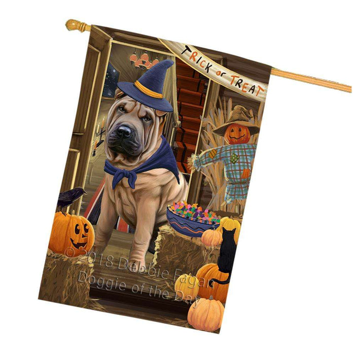 Enter at Own Risk Trick or Treat Halloween Shar Pei Dog House Flag FLG53472