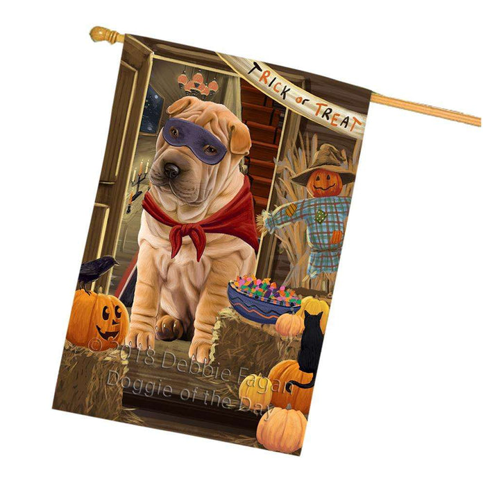 Enter at Own Risk Trick or Treat Halloween Shar Pei Dog House Flag FLG53473