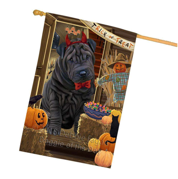 Enter at Own Risk Trick or Treat Halloween Shar Pei Dog House Flag FLG53475