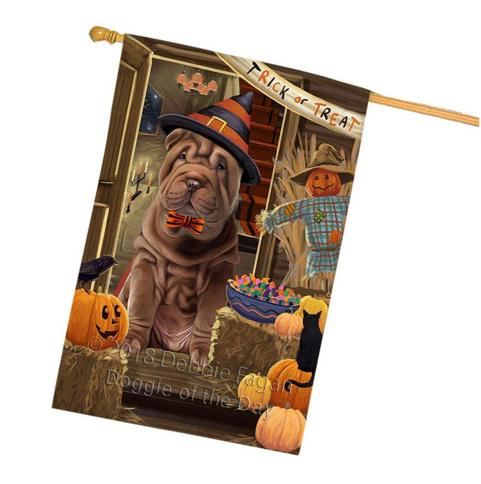 Enter at Own Risk Trick or Treat Halloween Shar Pei Dog House Flag FLG53476