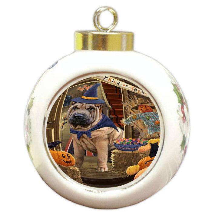 Enter at Own Risk Trick or Treat Halloween Shar Pei Dog Round Ball Christmas Ornament RBPOR53274