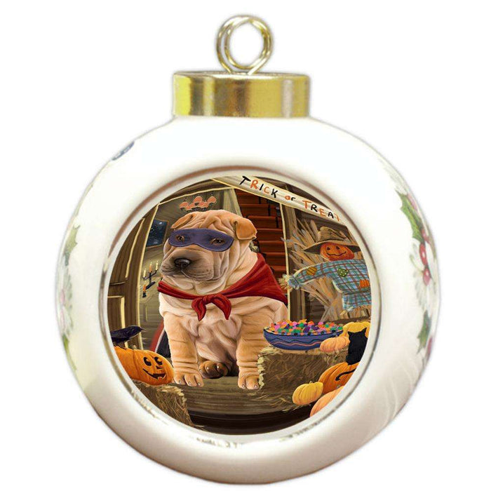 Enter at Own Risk Trick or Treat Halloween Shar Pei Dog Round Ball Christmas Ornament RBPOR53275
