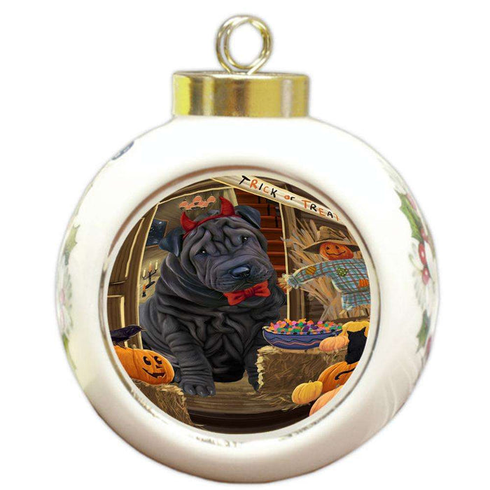 Enter at Own Risk Trick or Treat Halloween Shar Pei Dog Round Ball Christmas Ornament RBPOR53277