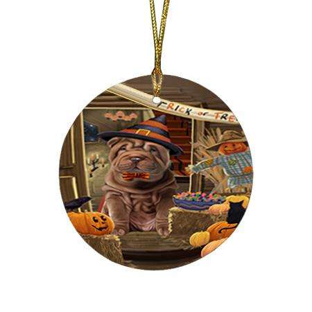 Enter at Own Risk Trick or Treat Halloween Shar Pei Dog Round Flat Christmas Ornament RFPOR53269