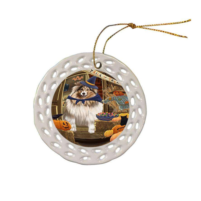 Enter at Own Risk Trick or Treat Halloween Shetland Sheepdog Ceramic Doily Ornament DPOR53279