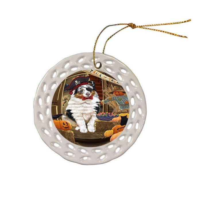 Enter at Own Risk Trick or Treat Halloween Shetland Sheepdog Ceramic Doily Ornament DPOR53281