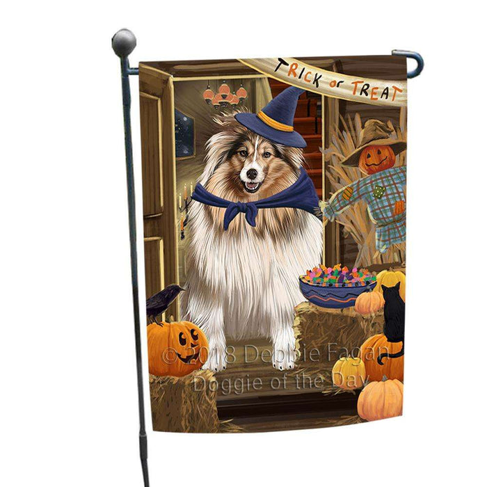 Enter at Own Risk Trick or Treat Halloween Shetland Sheepdog Garden Flag GFLG53341