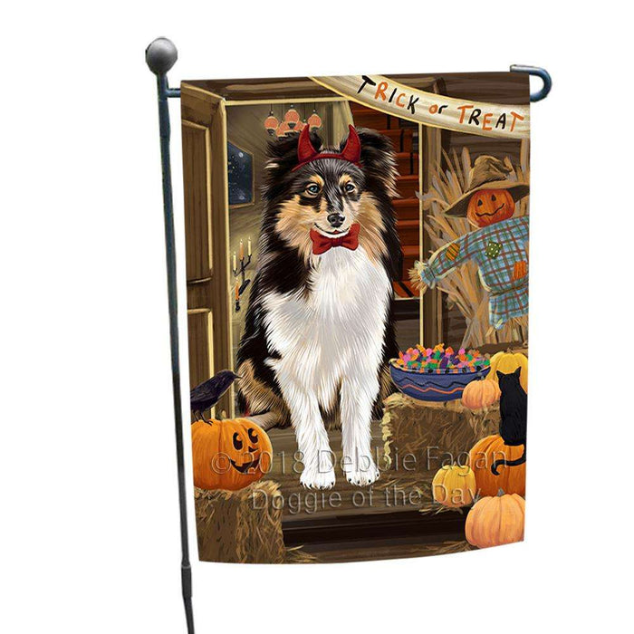 Enter at Own Risk Trick or Treat Halloween Shetland Sheepdog Garden Flag GFLG53344