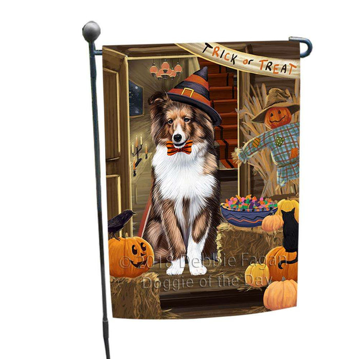 Enter at Own Risk Trick or Treat Halloween Shetland Sheepdog Garden Flag GFLG53345