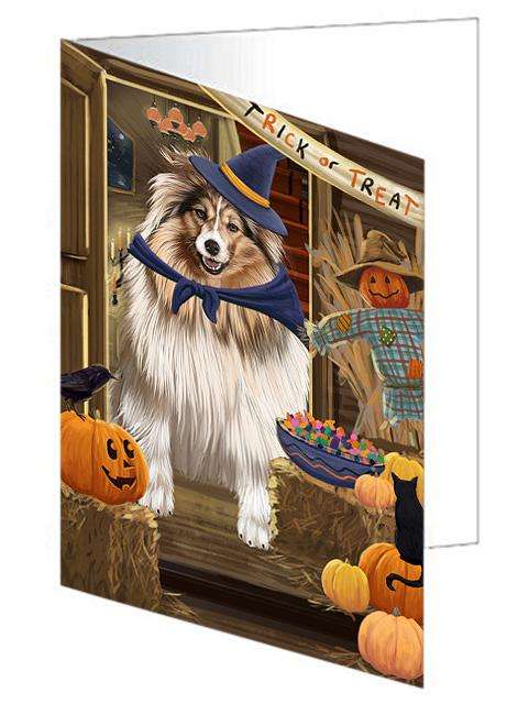 Enter at Own Risk Trick or Treat Halloween Shetland Sheepdog Handmade Artwork Assorted Pets Greeting Cards and Note Cards with Envelopes for All Occasions and Holiday Seasons GCD63866
